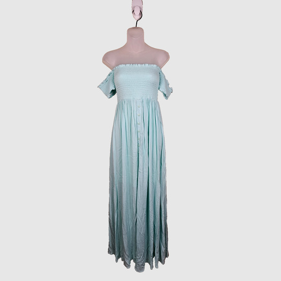 Venus Smocked Off Shoulder Maxi Dress Mint Aqua Cottage Long Beachy Romantic 2 - Picture 4 of 16